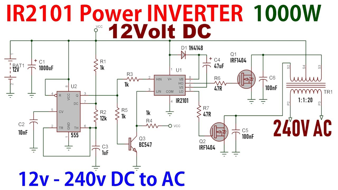 IR2101 Power Inverter 1000W 12v-240v DC to AC