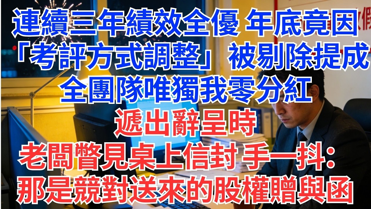 三年績效全優，提成卻歸零？理由：「考評調整」。我遞辭呈，老闆看見競爭對手的股權贈送函…手抖了！#為人處世#生活經驗#情感故事#职场