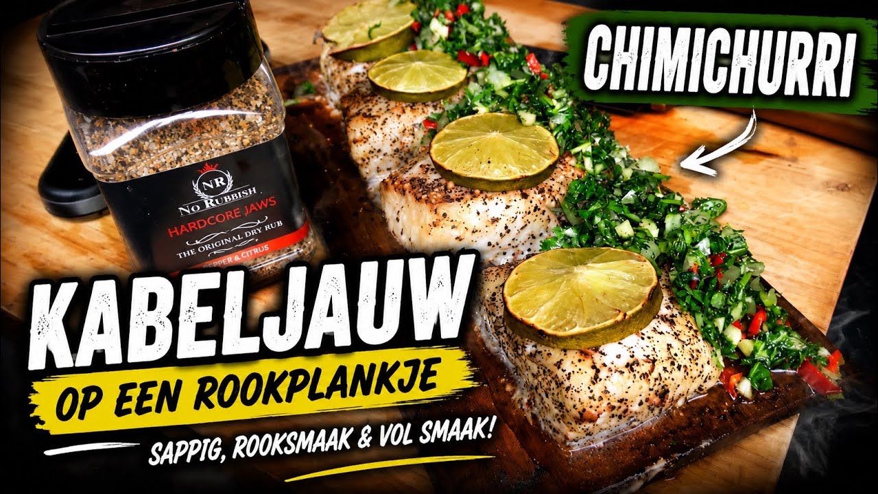 Kabeljauw op een rookplankje en huisgemaakte chimichurri | Codfish with chimichurri