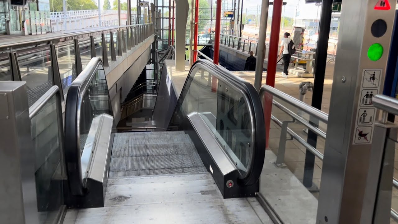 Scheidam, Netherlands. 2x O&K KONE escalator ride at Schiedam Centrum Metro station platforms pt1/2