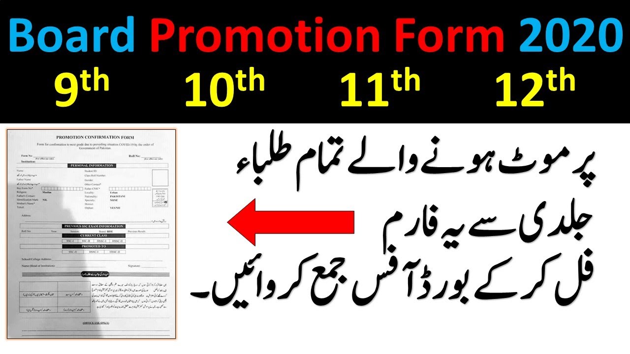 Board Promotion Confirmation Form 2020 for 9th 10th 11th and 12th Class
