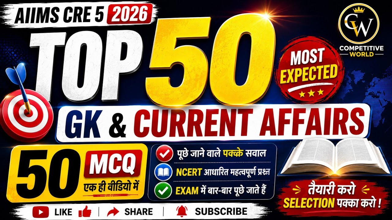🔥 Top 50 GK & Current Affairs MCQs | AIIMS CRE 5 2026 | 50 Most Expected Questions