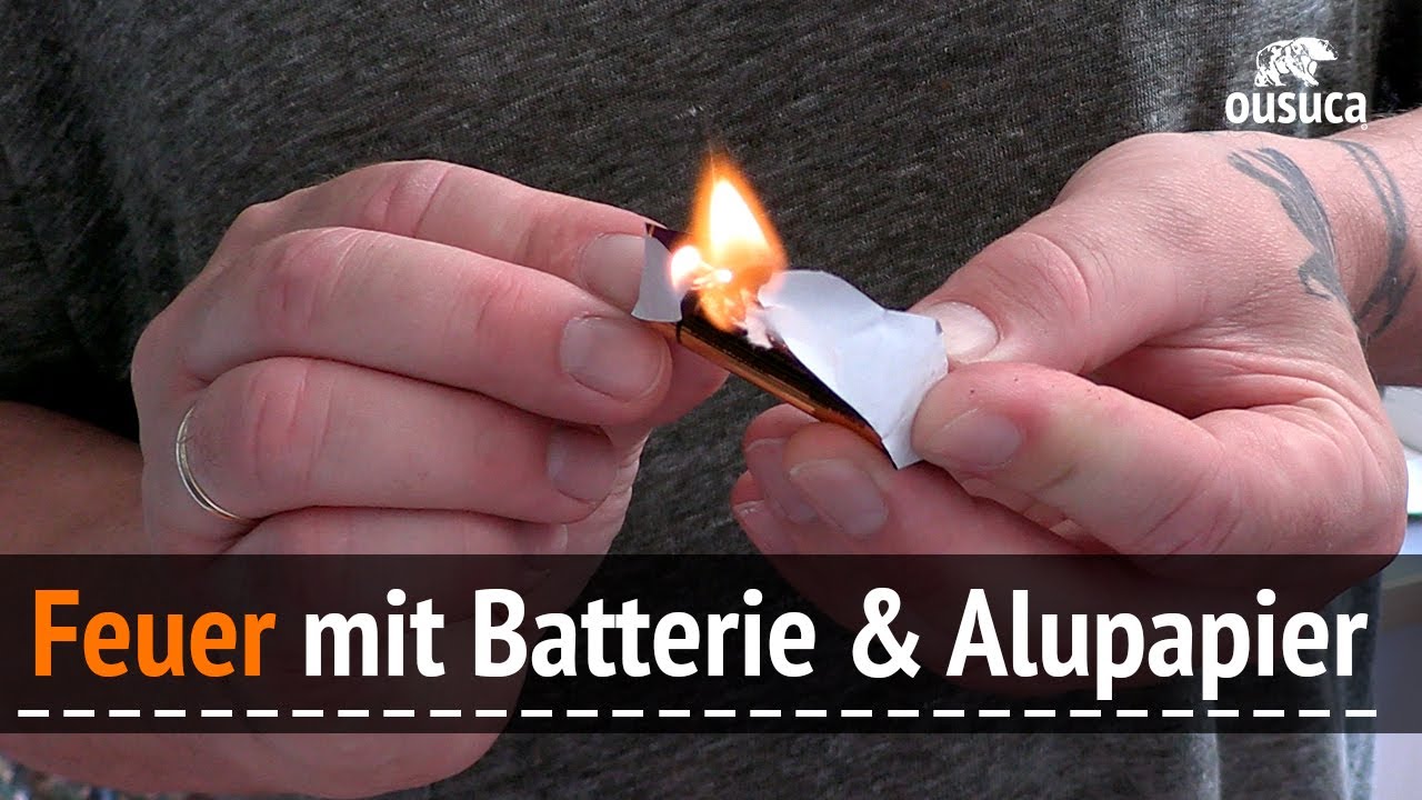 Feuer machen mit 1,5 Volt AA Batterie und Alupapier, Kaugummipapier