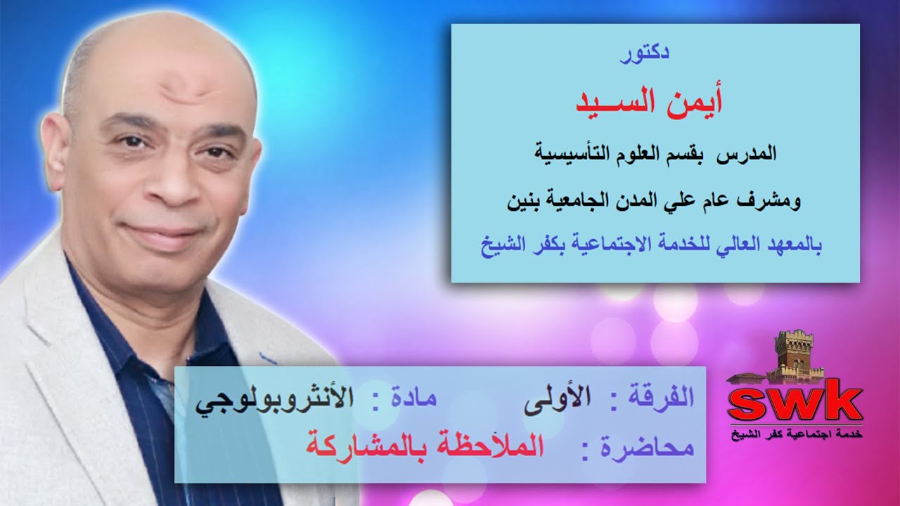 الفرقة الأولى خدمة اجتماعية - مادة الأنثروبولوجي - محاضرة الملاحظة بالمشاركة - د . أيمن السيد