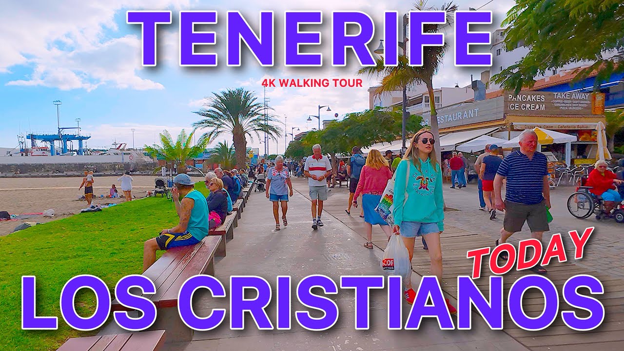 TENERIFE WALKING TOUR of LOS CRISTIANOS | Beautiful coastal promenade, Vibe and Weather Tour 4K