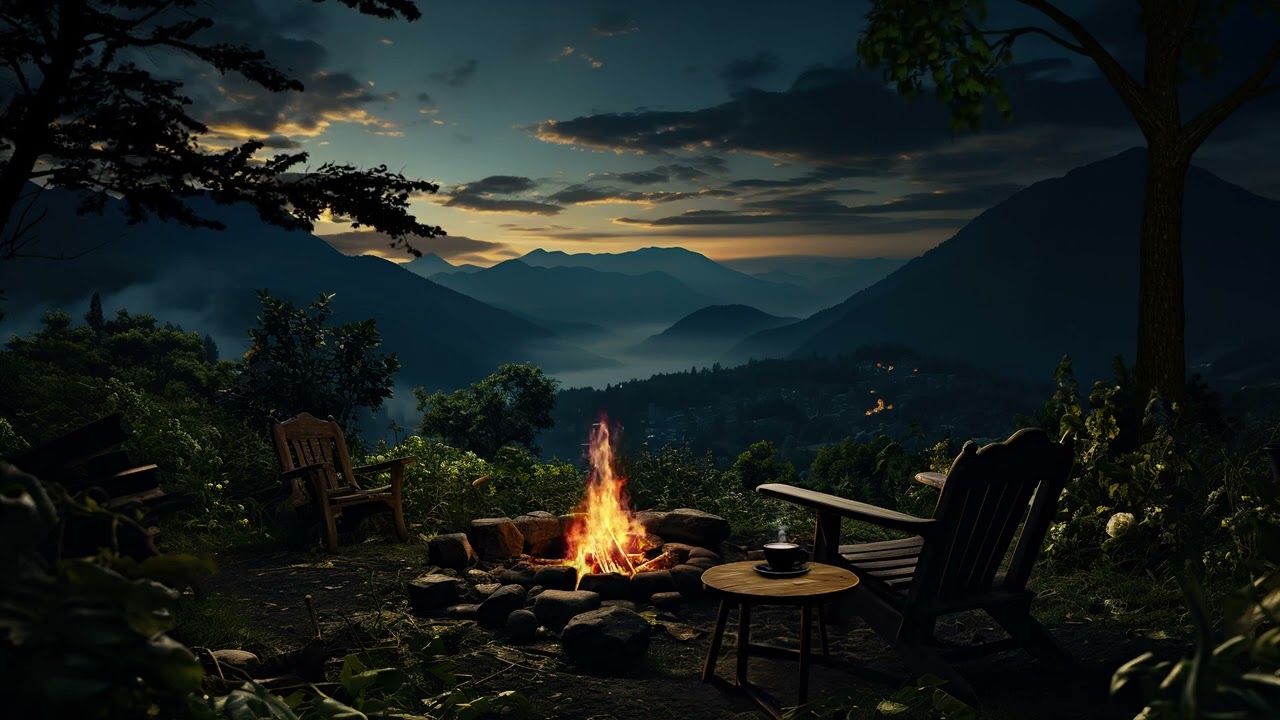 Атмосфера кемпинга тихой ночью в горах с потрескивающим огнем и звуками леса