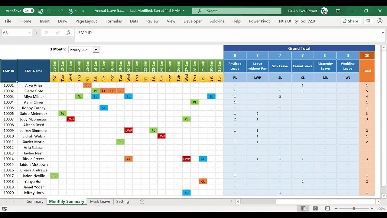 Annual Leave Tracker with Daily/Monthly View in Excel
