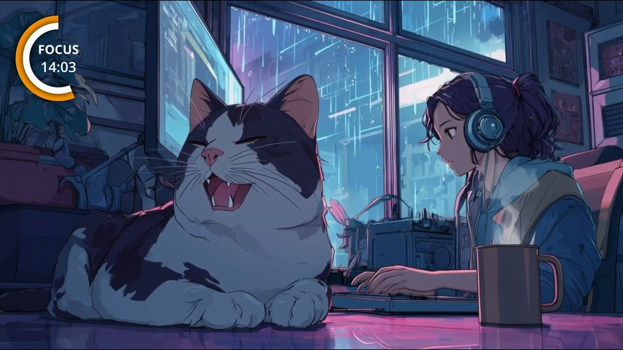 Lofi Study Room | Rainy Night Coding With a Giant Cat | Pomodoro Timer for Deep Focus (25/5)