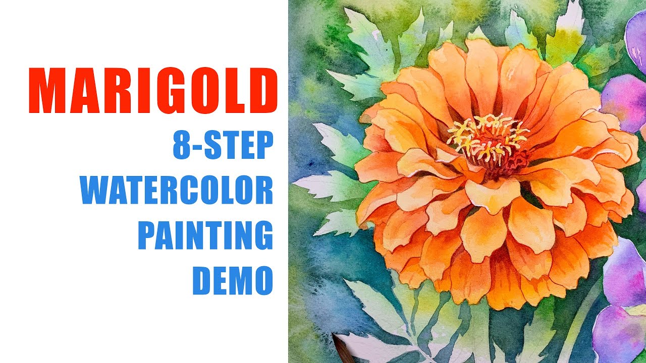 WATERCOLOR MARIGOLD 🌼 Summer Flower Painting Tutorial Step-by-Step