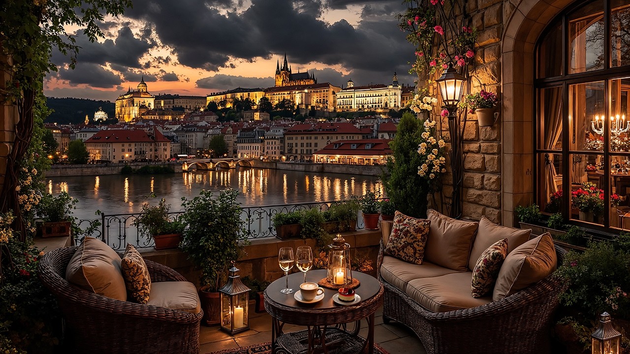Prague Castle Night Jazz ☕ Riverside Balcony Caf&eacute; Ambience & Smooth Jazz Music for Focus & Work