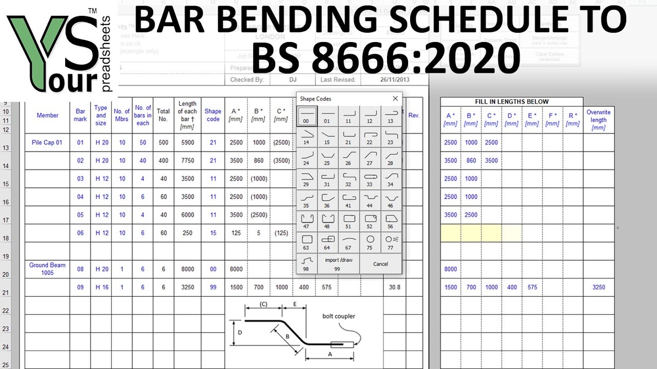Bar Bending Schedule spreadsheet to BS 8666:2020