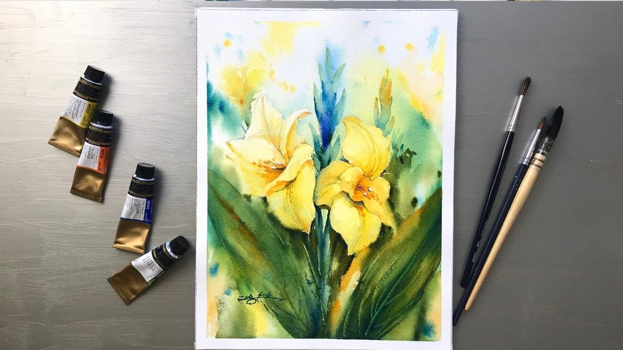 Watercolor Painting - Yellow Twin Canna Flowers-Tutorial Step by Step