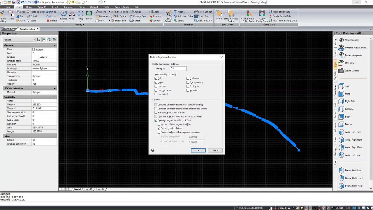 CMS IntelliCAD 9.2 - Simplifying Polylines using OVERKILL command