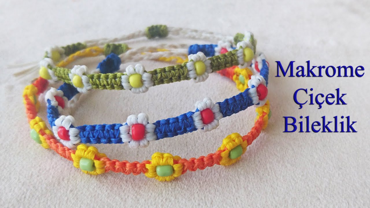 Makrome çiçek bileklik yapımı - Macrame colorful flower bracelets tutorial