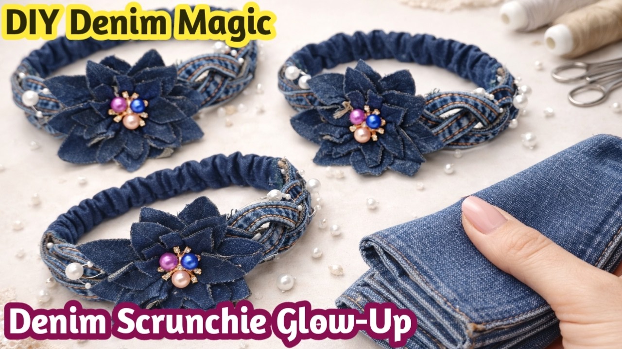 Denim Scrunchie DIY | Stylish Hair Accessory Made from Old Jeans/Scrunchie Making at home