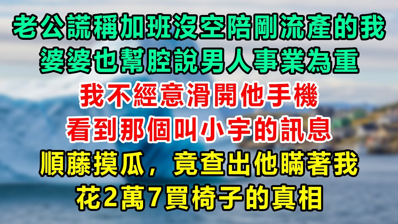 老公謊稱加班沒空陪剛流產的我，婆婆也幫腔說男人事業為重，我不經意滑開他手機，看到那個叫小宇的訊息，順藤摸瓜，竟查出他瞞著我，花2萬7買椅子的真相