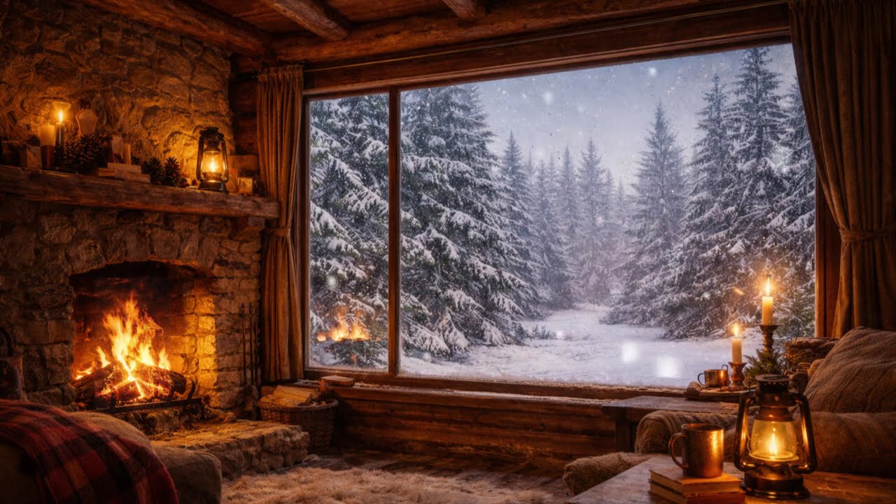 Cozy Cabin Fireplace & Snowstorm Sounds ❄️ 3 Hours Winter Ambience for Sleep & Relax