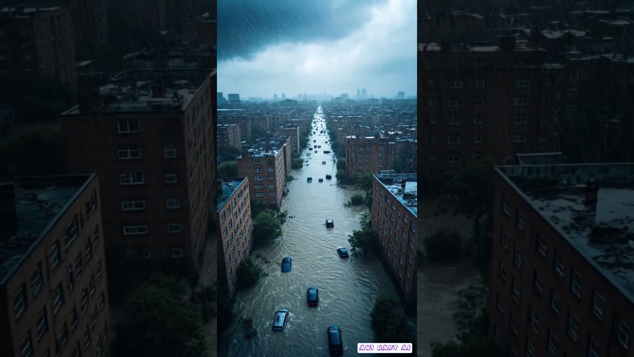 A flooded modern city with half-submerged buildings, broken cars floating in water.
