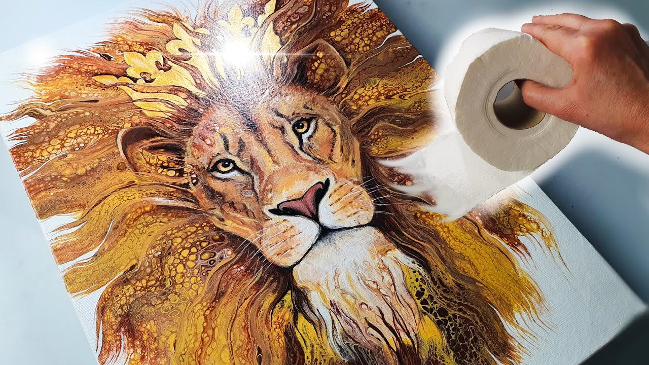 HOW TO Take Acrylic Pouring to another DIMENSION - Toilet Paper SWIPE Lion Painting | AB Creative