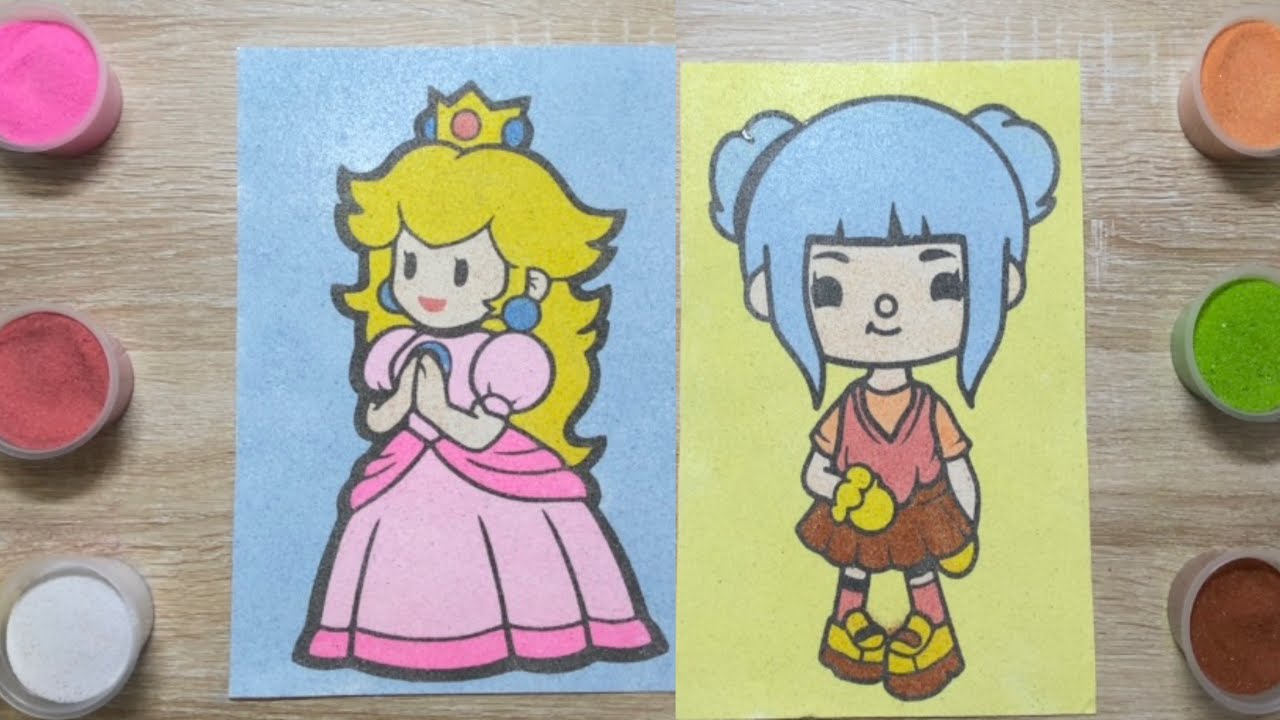 Sand painting Princess Peach and Toca Boca - T&ocirc; m&agrave;u tranh c&aacute;t C&ocirc;ng ch&uacute;a PEACH v&agrave; Toca Boca