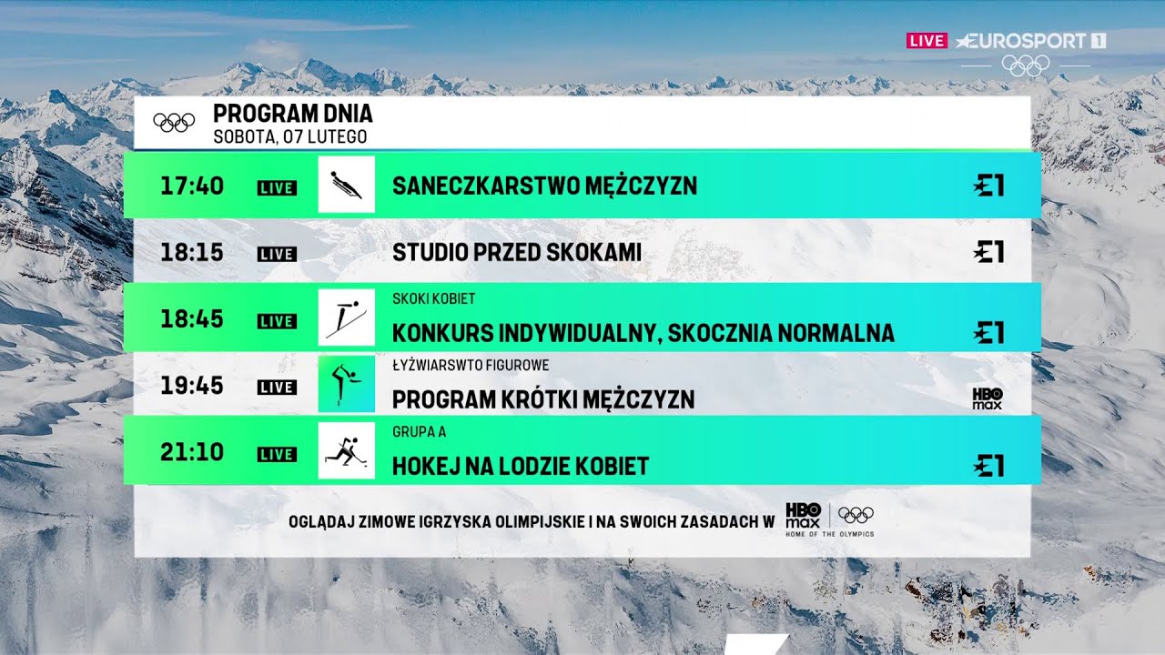 Eurosport 1 - Program dnia, zapowiedź i blok reklamowy w olimpijskiej oprawie graficznej(07.02.2026)