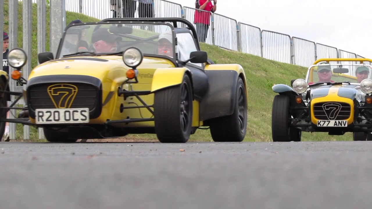 Donington Park 2017:  Caterham sevens and Lotus leaving race track after the Parade Lap