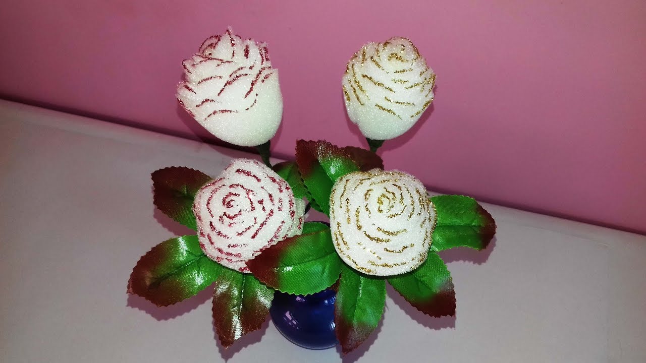 How to make white rose flowers with sponge || Making flowers with hand