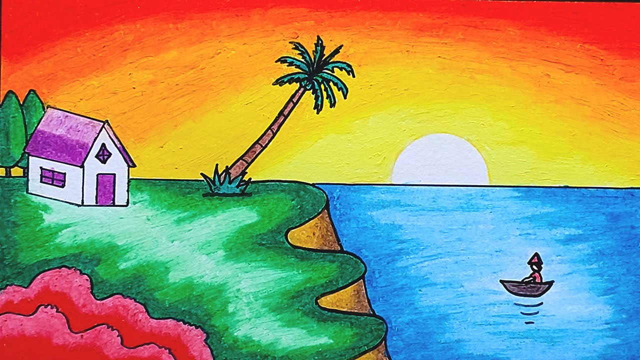 Scenery Drawing | How To Draw Easy Sunset and Beach Scenery Step by Step With Oil Pastels