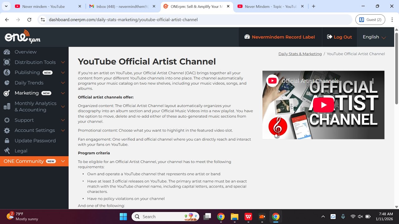 Как заявить права на канал исполнителя на YouTube через компанию по распространению музыки ONERPM...