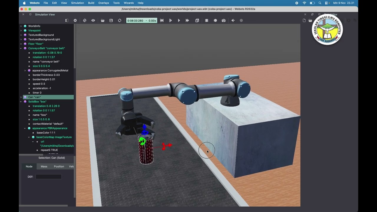 Praktek membuat Arm Capit Botol dengan UR5E dan 3fGripper Menggunakan Webots R2022a