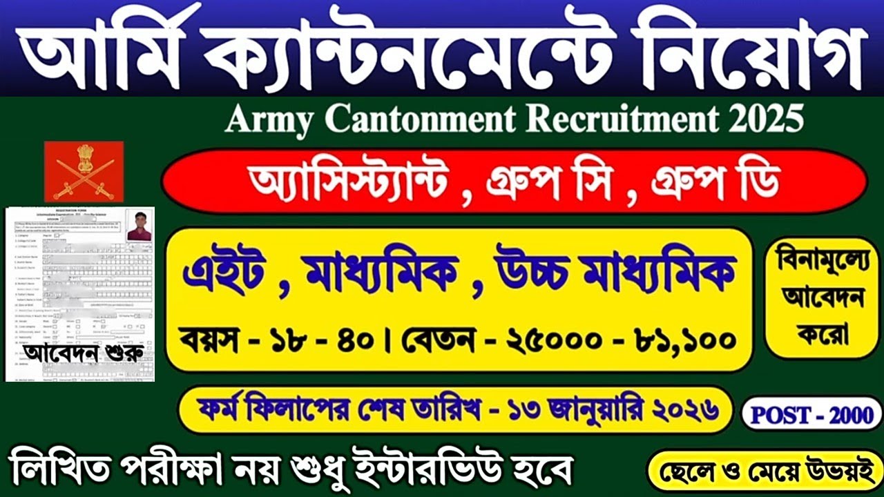 12 জানুয়ারি পর্যন্ত আর্মি ক্যান্টনমেন্টে নিয়োগ শুরু | Army Cantonment Recruitment 2025 | #job