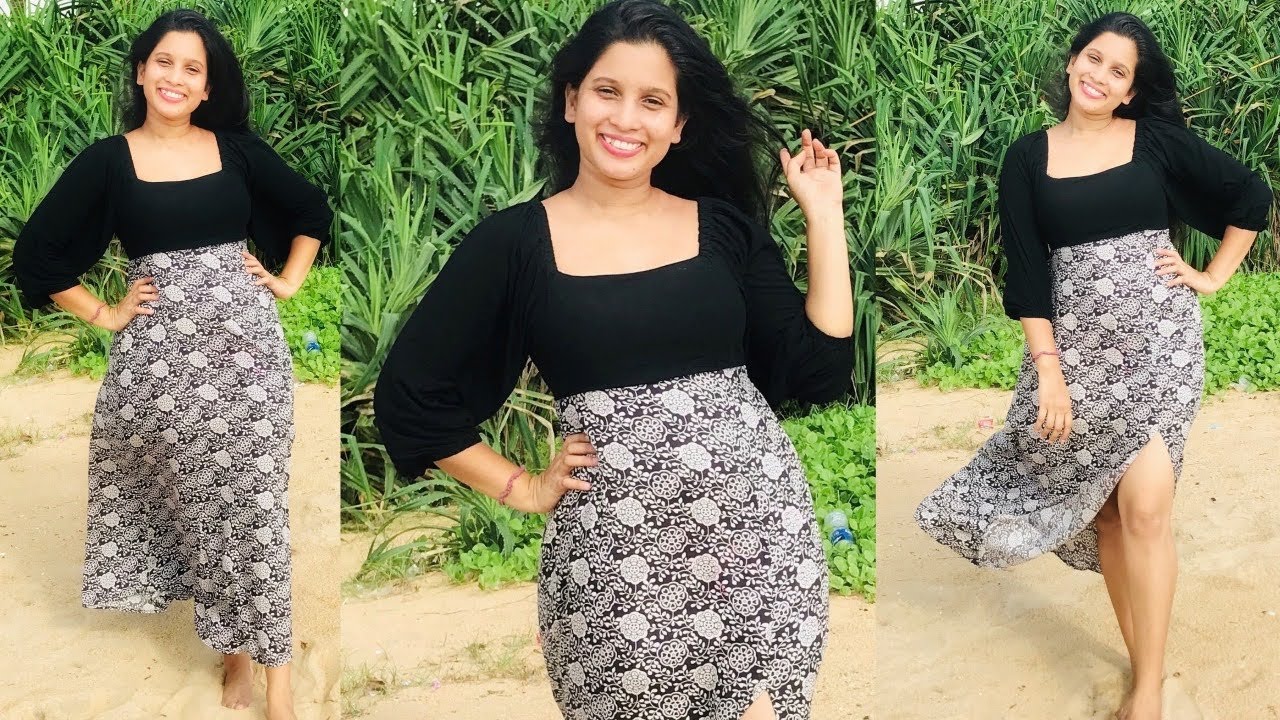 මහන්න පහසුම කෑලි හයේ සාය සමග කොටු කර සහිත ගවුමක් මහමු