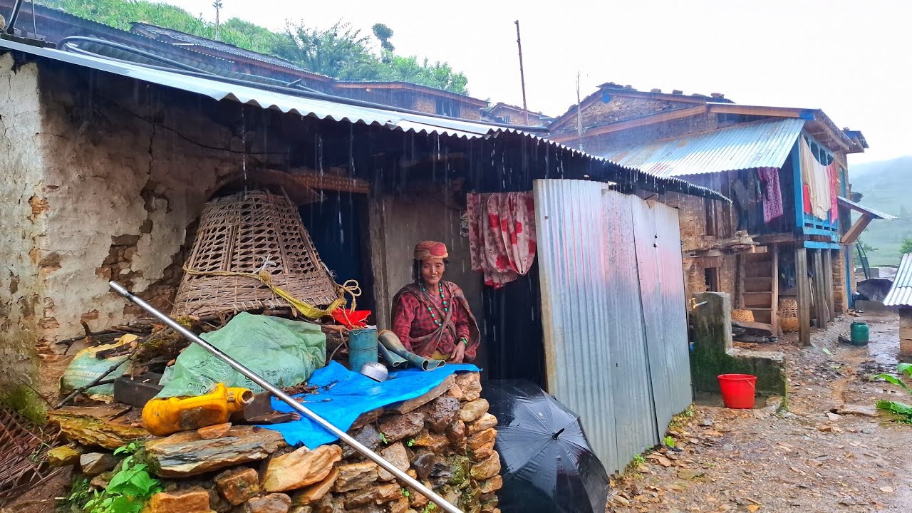Real Nepali Mountain village life | Daily Activities of Rural village into Rainfall | Primitive life