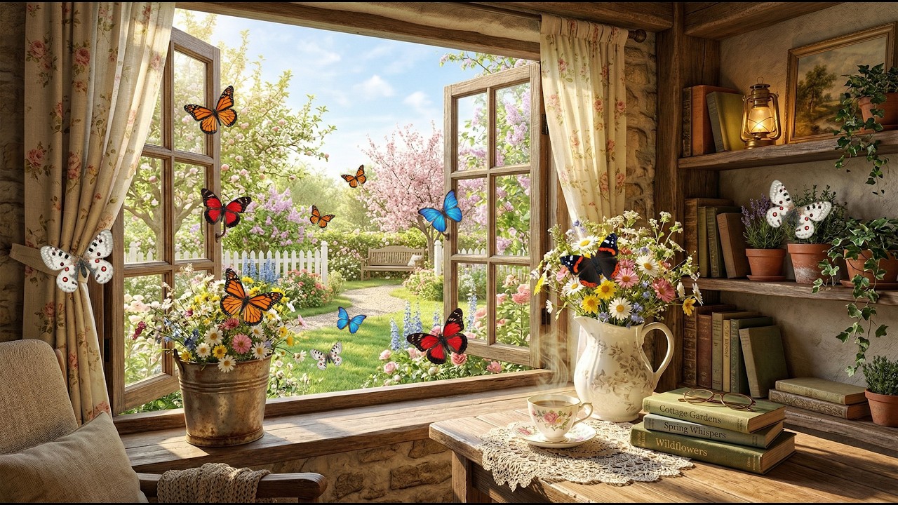 Cozy Spring Morning Ambience 🦋 Open Window to a Blooming Garden & Butterflies