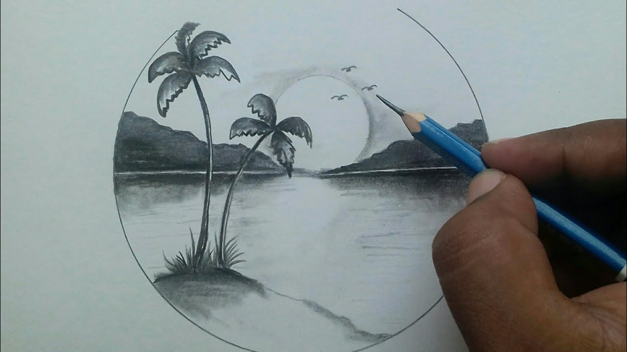 Easy scenery drawing pencil step by step for Beginners / palm tree drawing with beautiful scene