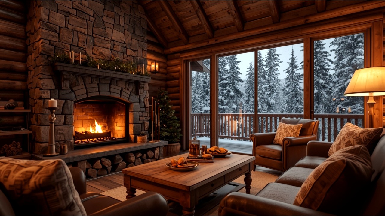 Cozy Log Cabin Winter Night ❄️ | Smooth Jazz & Warm Fireplace Relaxing Ambience