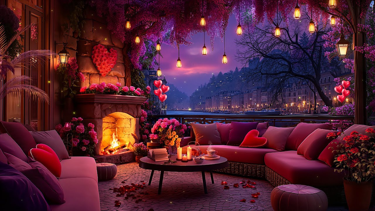 Romantic Valentine Jazz 💖🌹 Cozy Balcony Fireplace by the Window with City Lights & River View