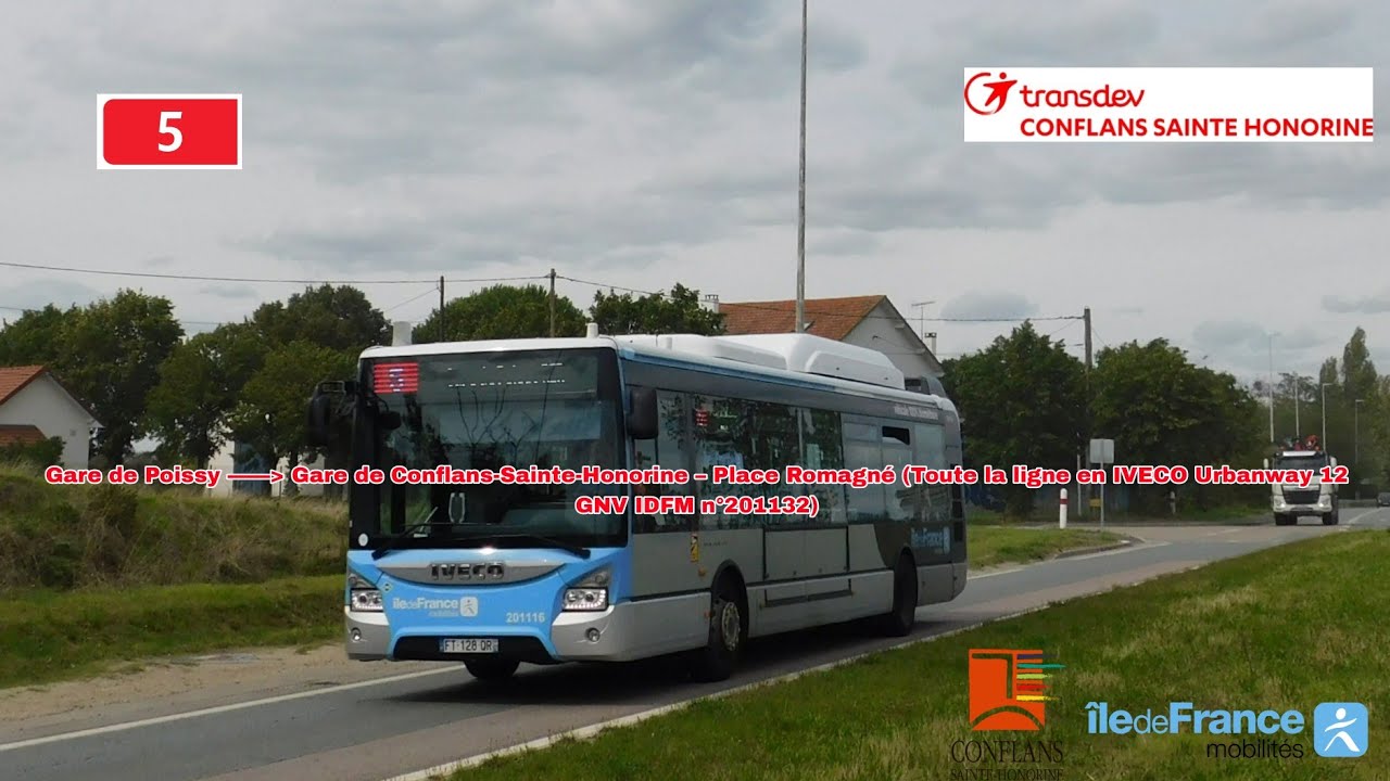 [Ligne 5 Transdev Conflans] IVECO Urbanway 12 GNV IDFM n°201132 - Gare de Poissy à Gare Pl. Romagné