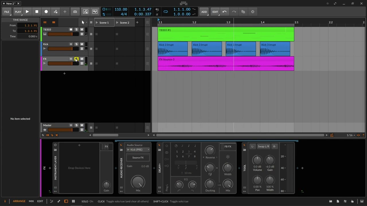 Bouncing in place audio track with routed FX