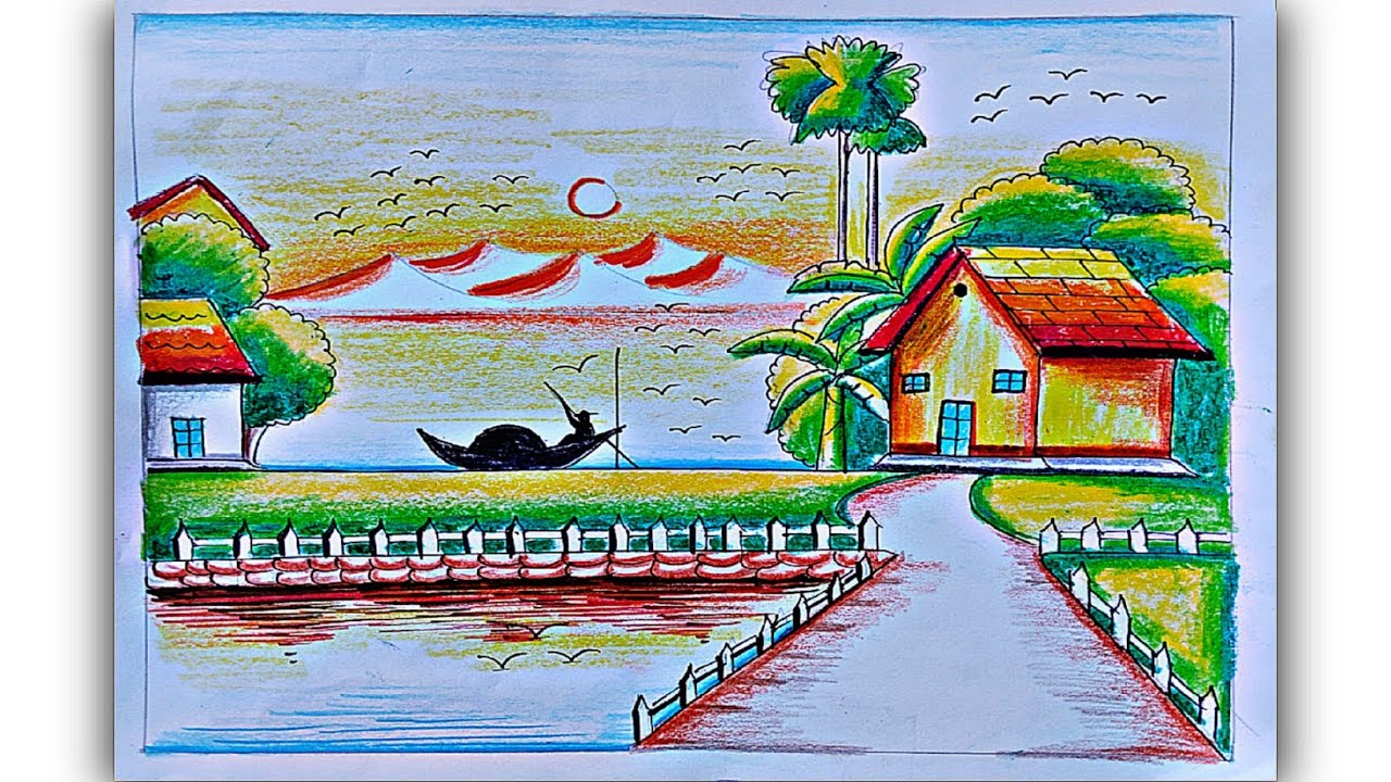 Landscape scenery plastic colour/Oil pastel colour and plastic mix/Beautiful landscape 