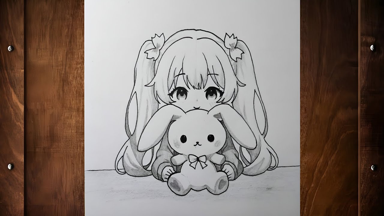 How to Draw Cute Chibi Girl with Bunny Plushie | Easy Anime Drawing Tutorial for Beginners