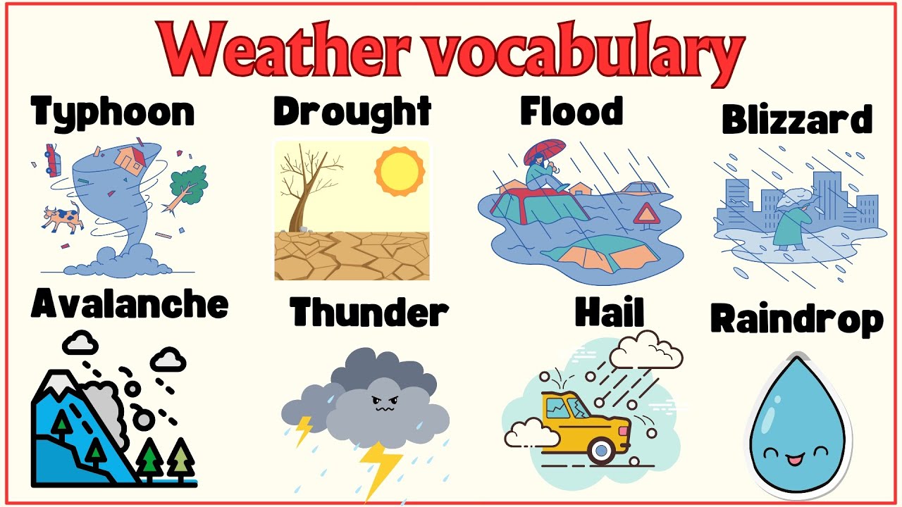 Lesson 55: Weather related vocabulary; hail, typhoon, puddle, snowflake, drizzle, blizzard, drought