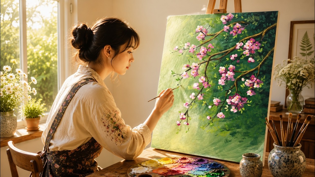 Easy Cherry Blossom Branch Painting | Simple Acrylic Painting for Beginners #102
