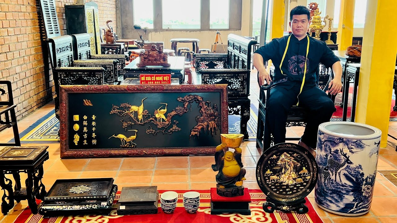 Cổ Nghệ Việt 24/8 chào bán Bộ Trường Kỷ Đại Gõ Mật, Bàn Ăn Rẻ Quạt, Ghế Minh Đế, Tranh Tùng Hạc