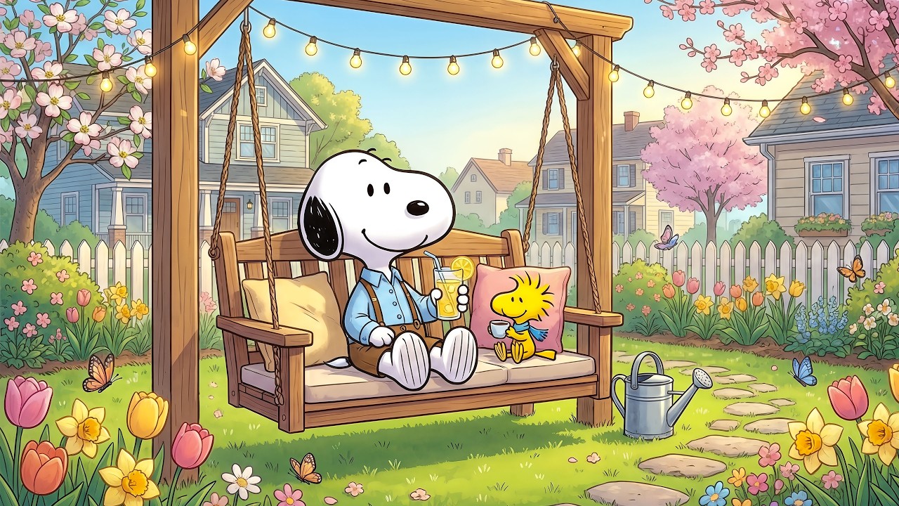Peaceful Spring Porch Swing with Snoopy 🎶🌸 Cozy Garden Jazz for Focus, Unwind & Good Vibes