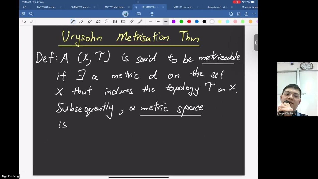 【General Topology Lecture 25】Uryshon Metrisation Theorem | MAT208/416 Nge Kie Seng 20240627