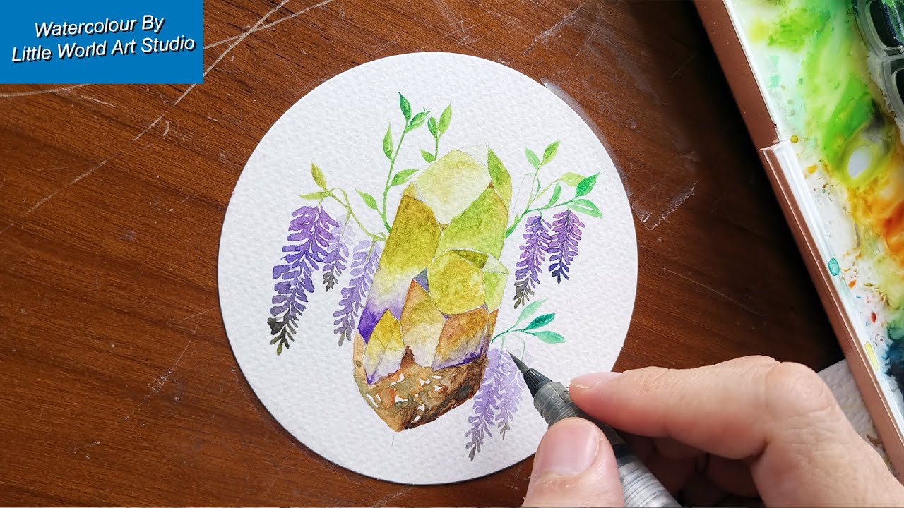 Purple Wisteria FLower & Crystals - Paint a Shiny Crystals and Beautiful Flower with WATERCOLOUR