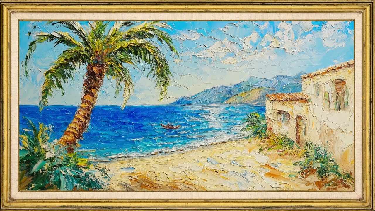 Mediterranean Beach Painting Screensaver (2h) | Relaxing Coastal TV Frame Art | Palm Tree Ocean View