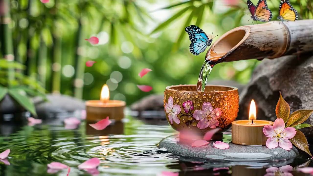 Zen Waterfall Ambience 🌿 Bamboo Fountain, Candlel