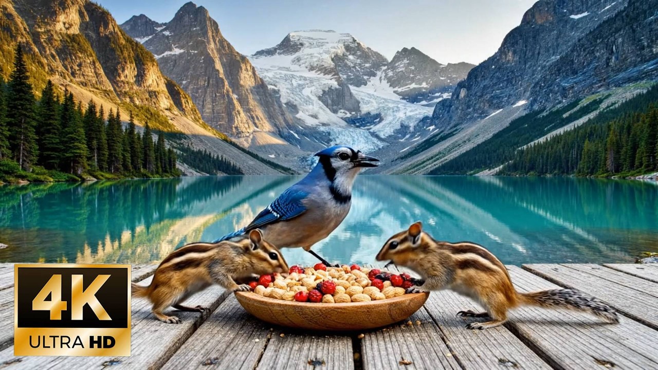 Mountain Lake Adventure Blue Jay & Chipmunks  4K ULTRA HD